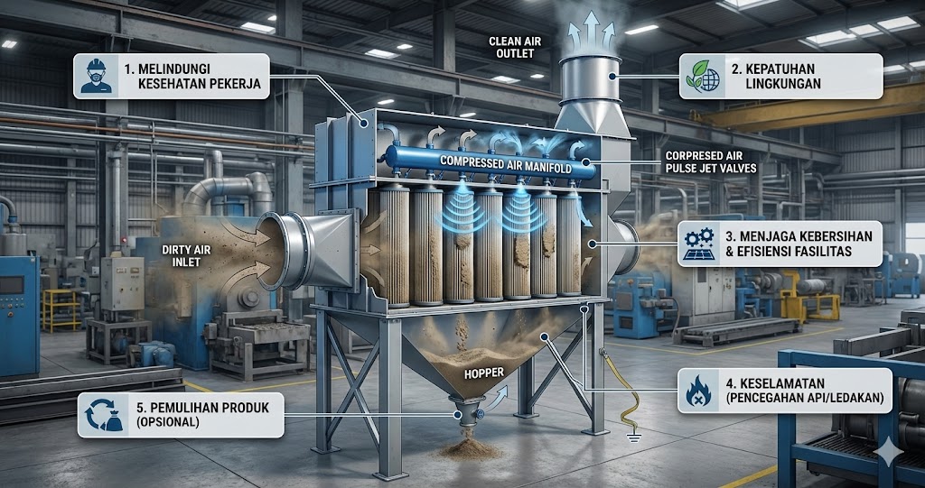 Ilustrasi sistem Dust Collector industri besar yang beroperasi untuk menyaring partikel mikro debu dari proses manufaktur logam.